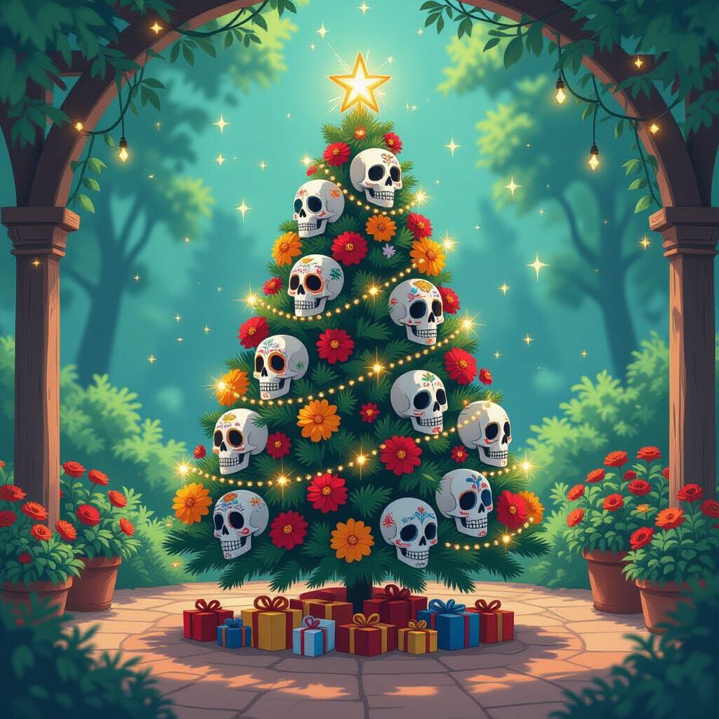 Day of the Dead Christmas Tree in Studio Ghibli Style