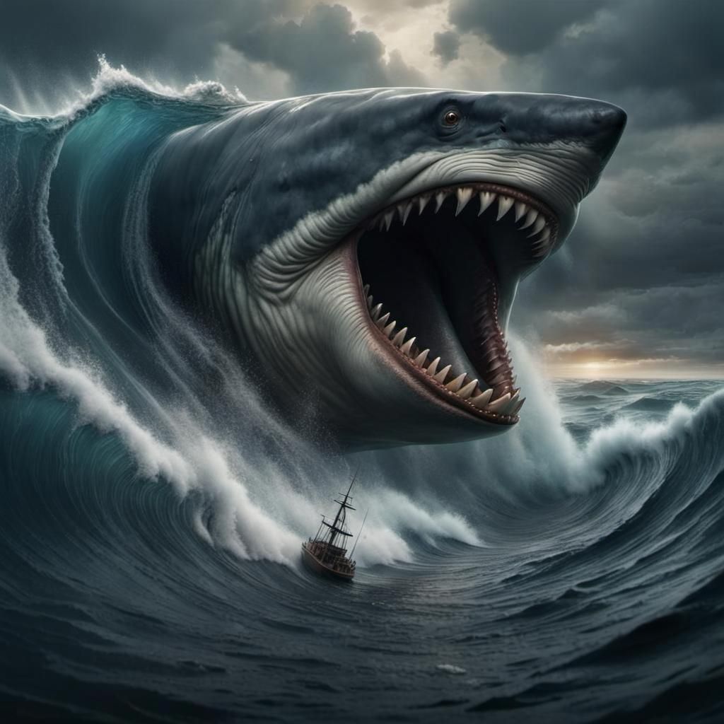 Megalodon Emerges from Wave: Digital Matte Painting