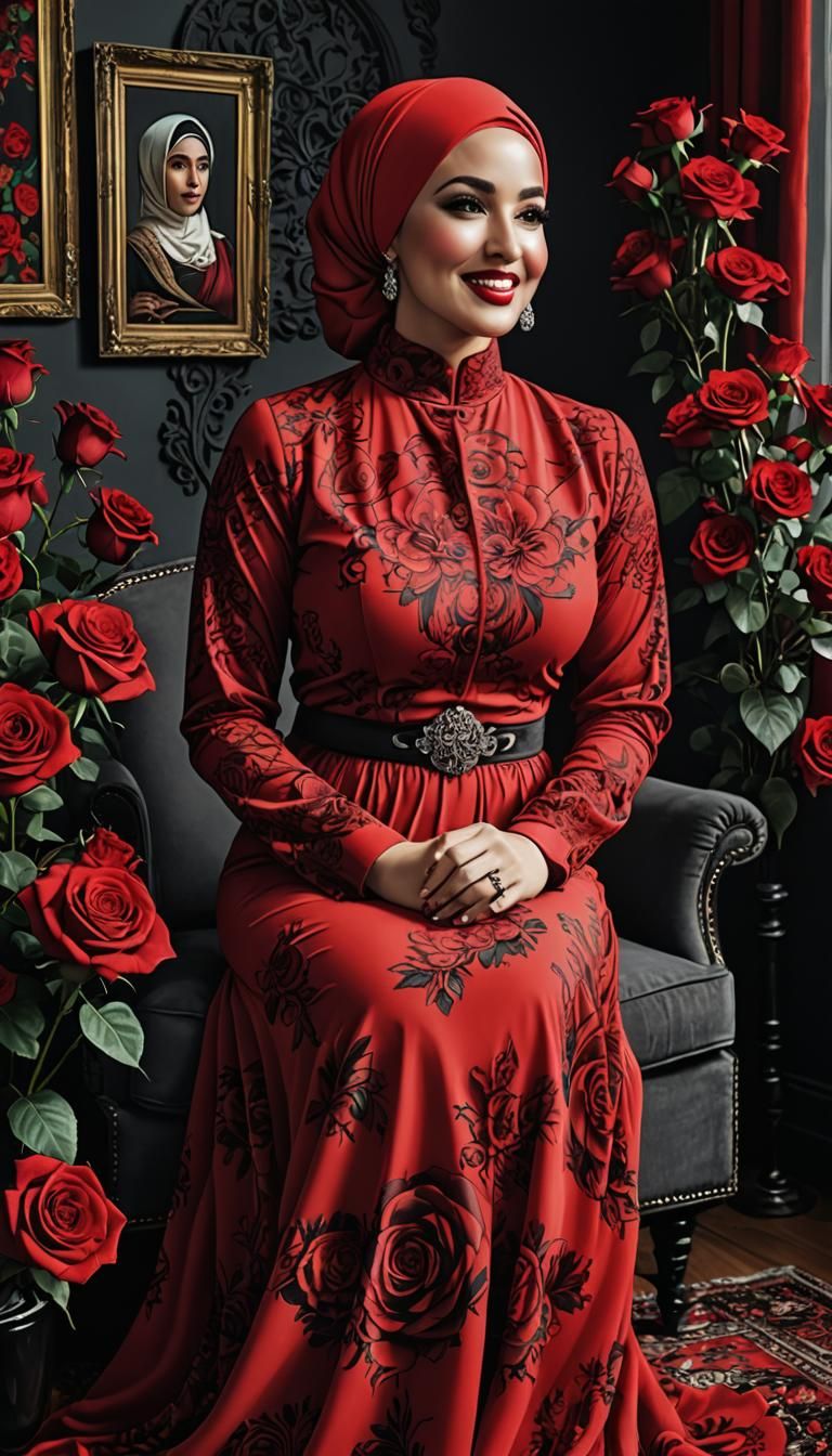 Psychedelic Portrait of Woman in Red Dress