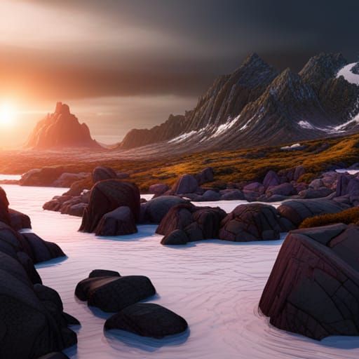 Bright Polar Bears Overrun Dark Landscape: Matte Painting