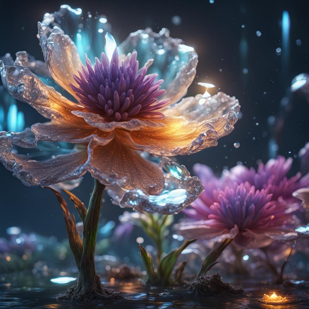 Glowing Flower with Magic Crystals: Fantasy Concept Art