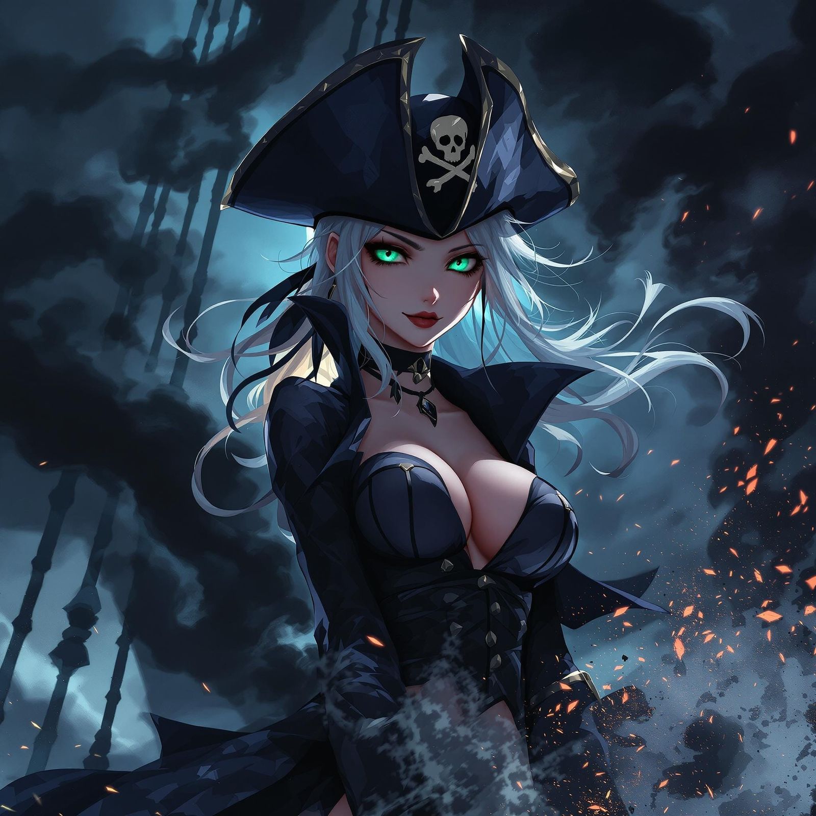 Ethereal Pirate Goddess Amidst Smoldering Ruins