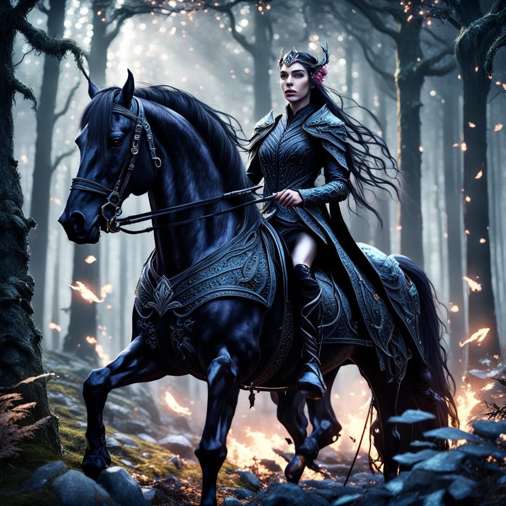 Elven Princess Rides Friesian Horse in Dark Forest