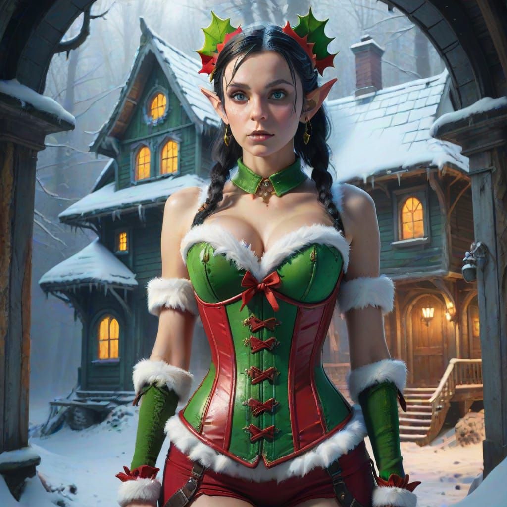 Christmas Elf in Haunted Mansion Snowy Forest Scene, Hyperre...