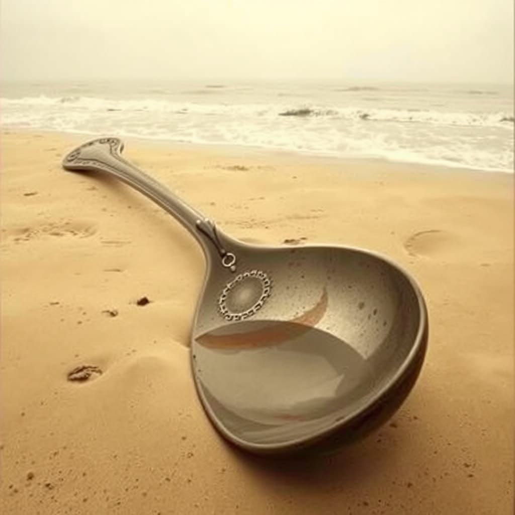 Surreal Beach Scene with Giant Metal Spoon