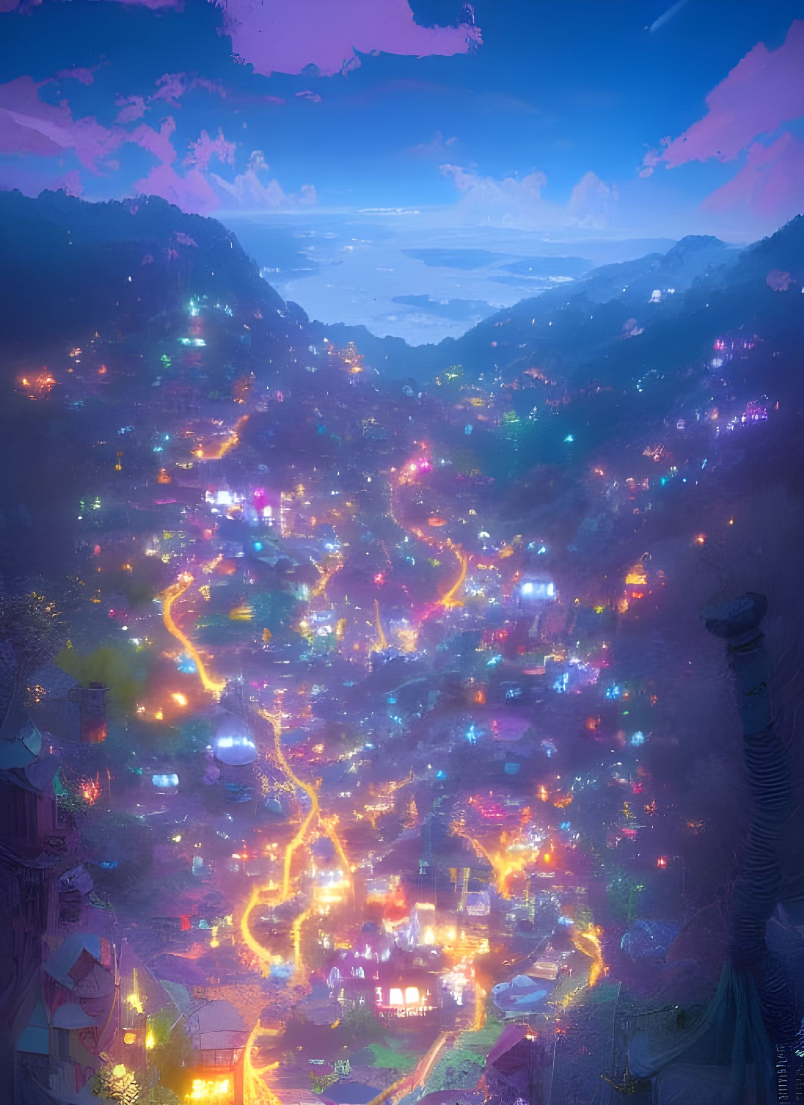 Mountain Village at the Lake: Digital Illustration