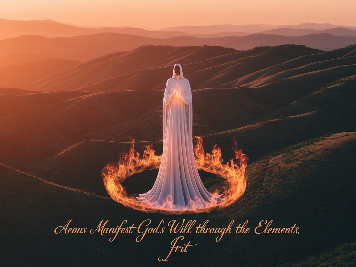 Divine Light Emerges from Golden Flames in Sunset Landscape