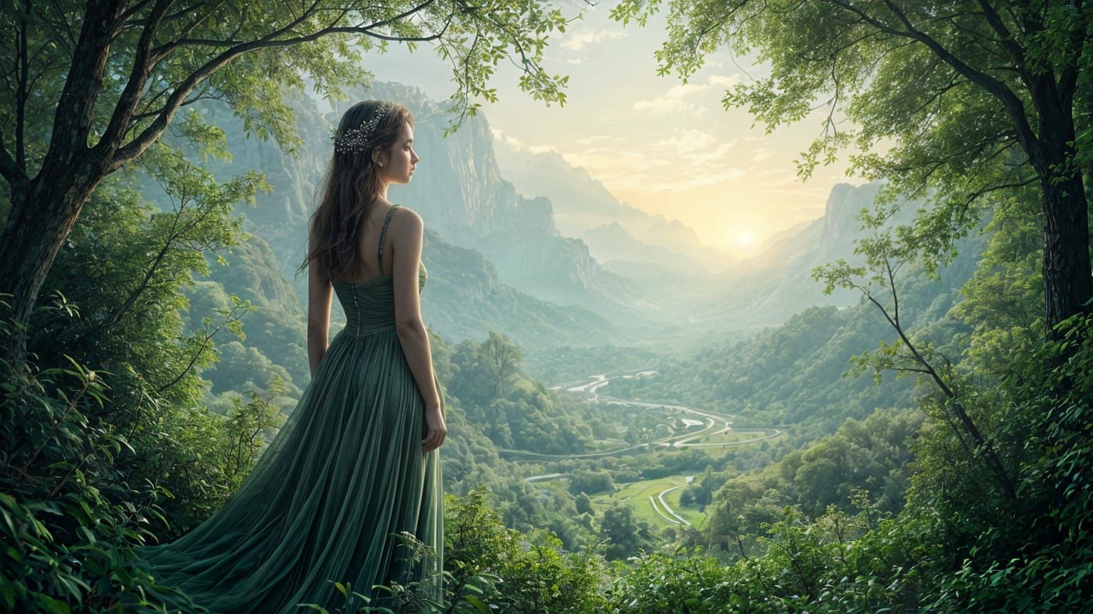 Surreal Woman with Diamond in Infinite Landscape