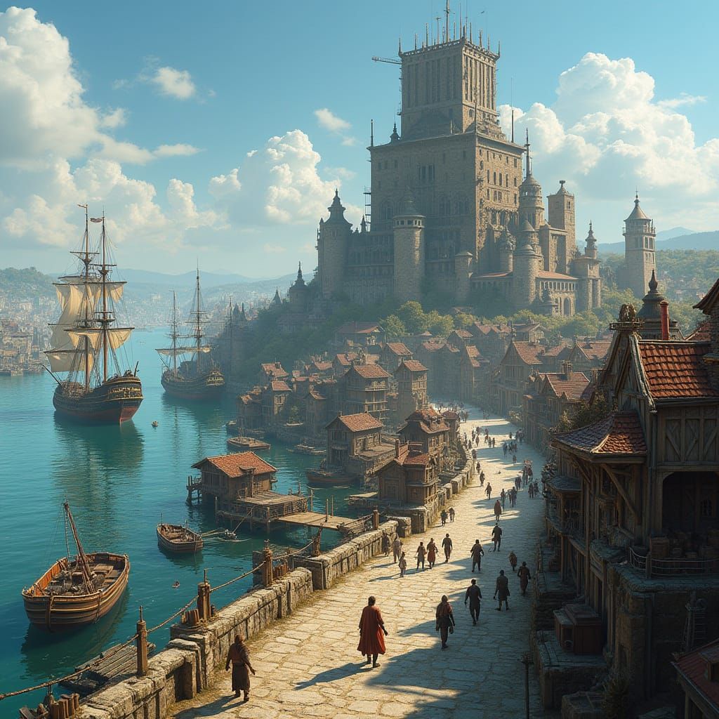 Vibrant Capital City with Sailing Ships and Steam Vessels