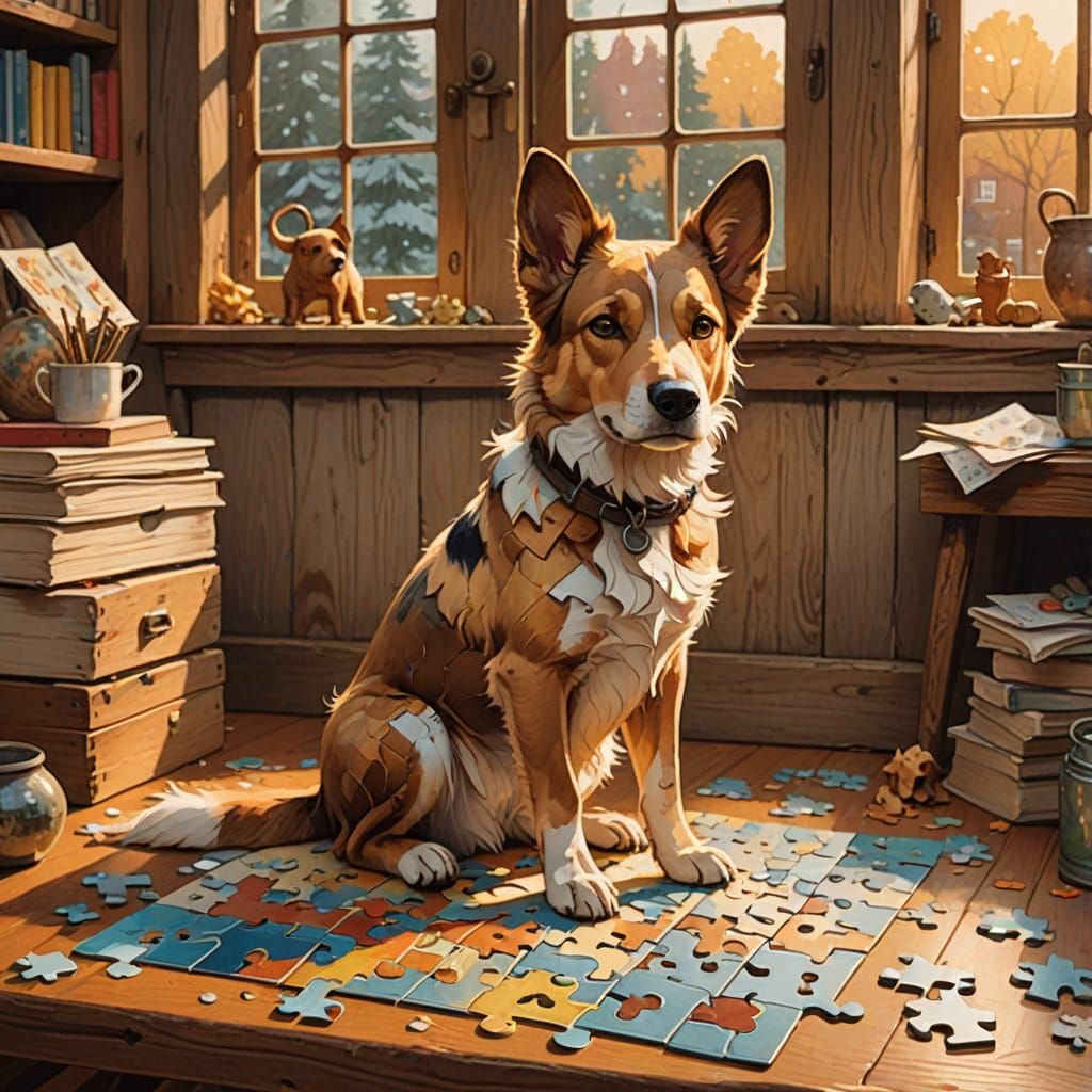 Whimsical Dog Enjoys a Cozy Puzzle Time