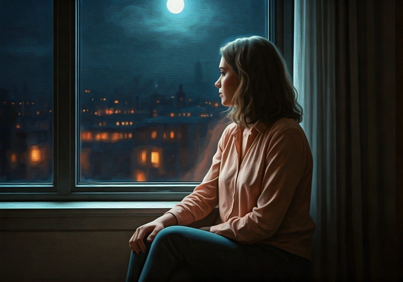 Contemplative Woman Lost in Moonlit Haze