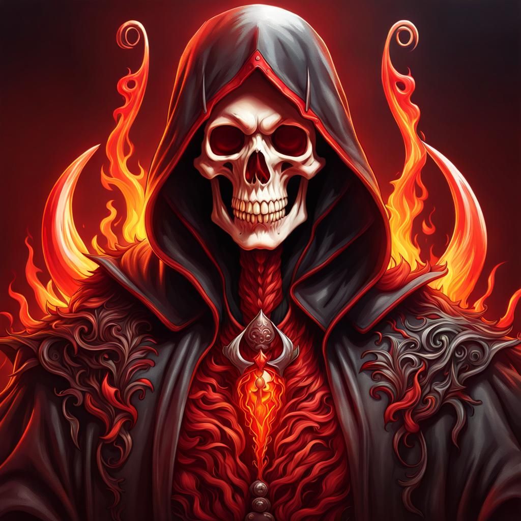 Fiery Chili Pepper Grim Reaper in Cartoon Art Style