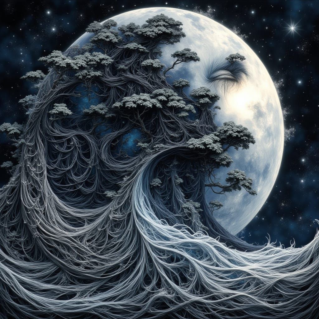 Surreal Landscape with Lunar Goddess in Cyberpunk Style