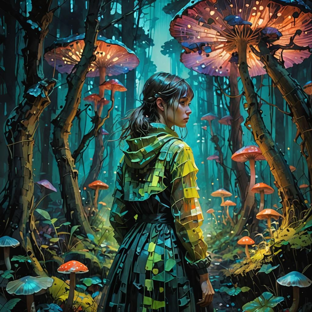 Enchanted Forest Girl Amidst Giant Mushrooms