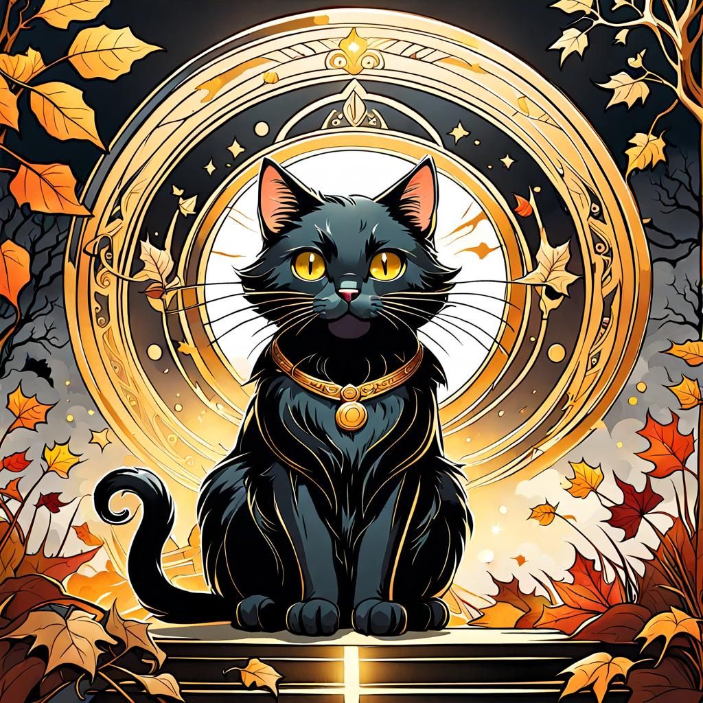 Adorable Black Cat Autumn Illustration