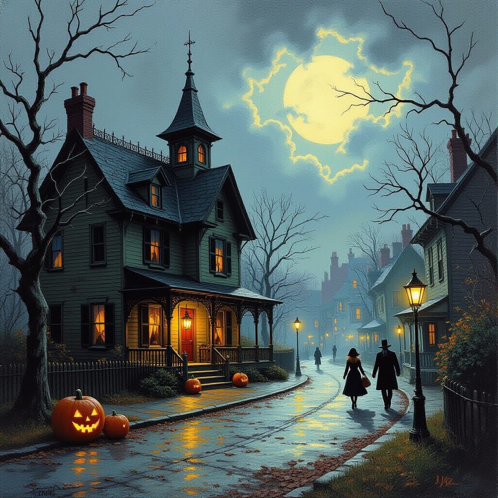 Halloween in Sleepy Hollow, New York Oil Painting