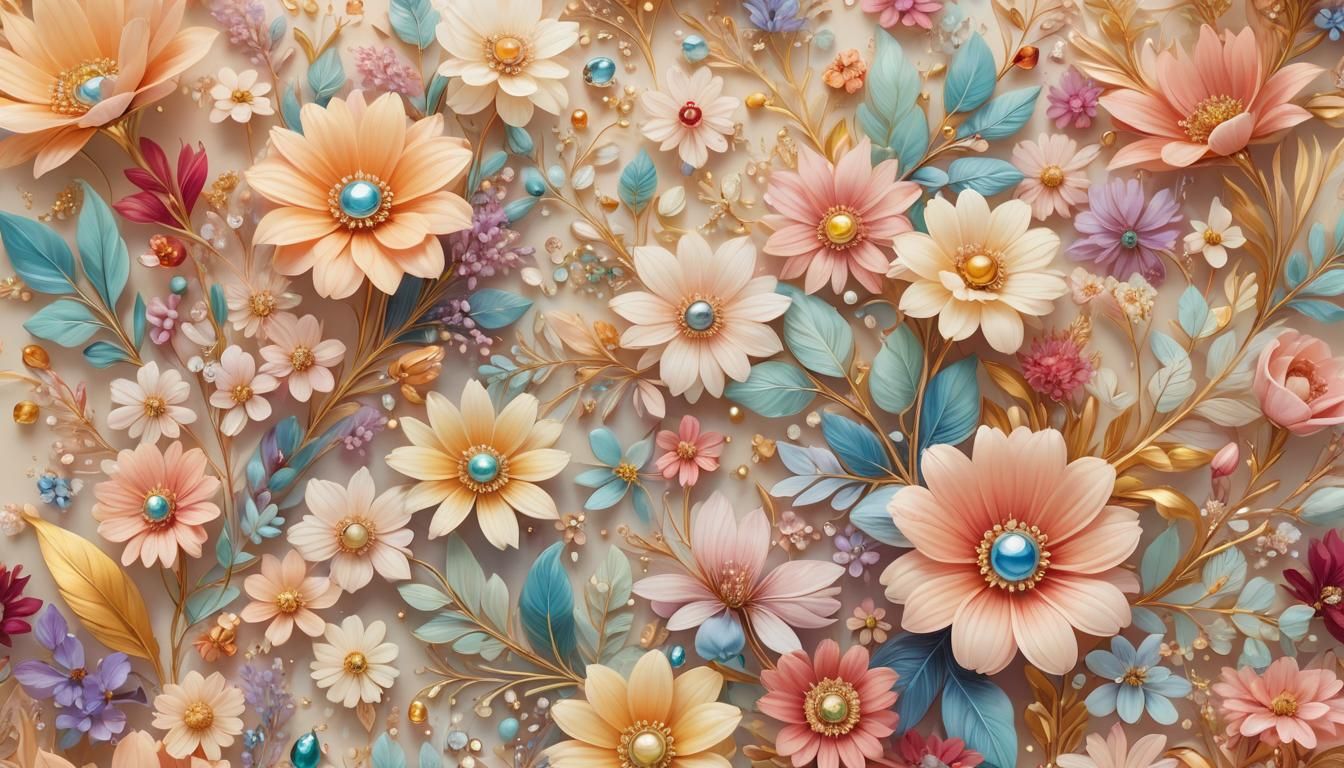 Whimsical Floral and Jewel Illustration in Pastel Colors