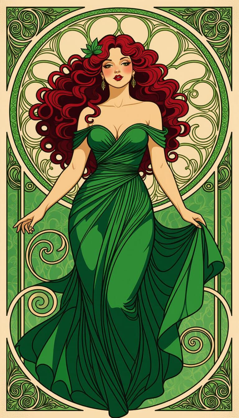 Mythical Creature in Art Nouveau Style with Emerald Dress