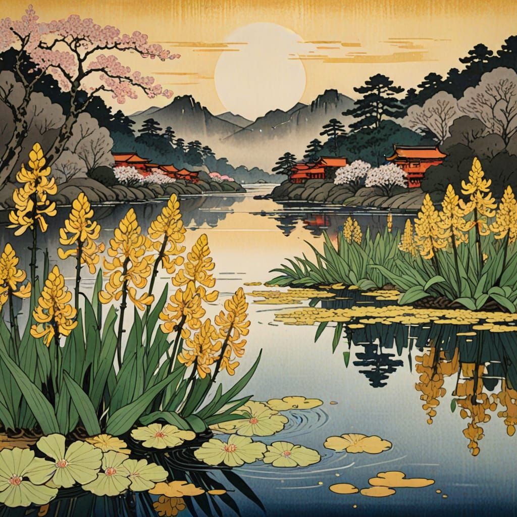 Hyacinth Blossoms Reflecting Golden Light: Shin Hanga Style
