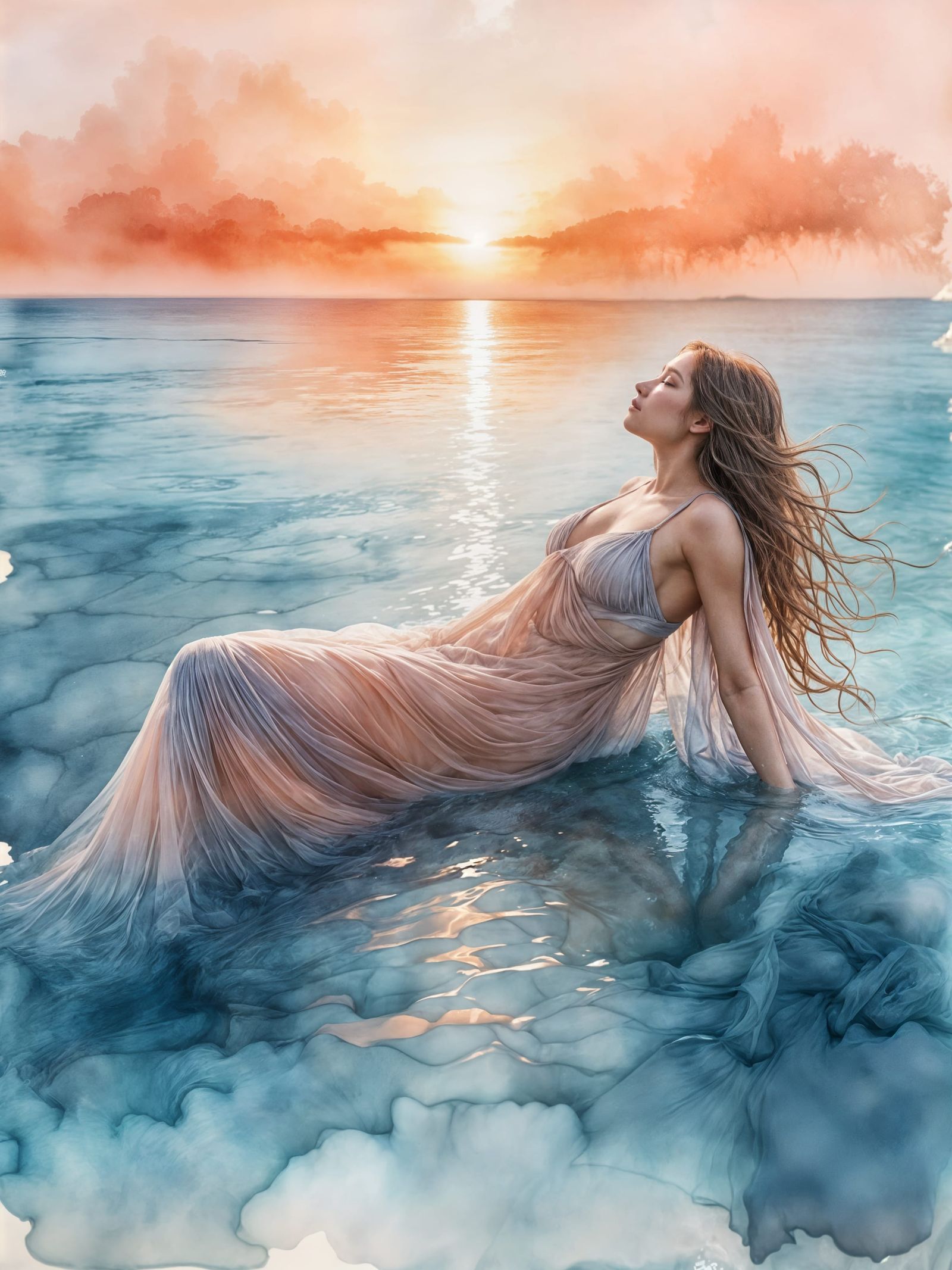 Ethereal Siren on Misty Shoreline at Dawn