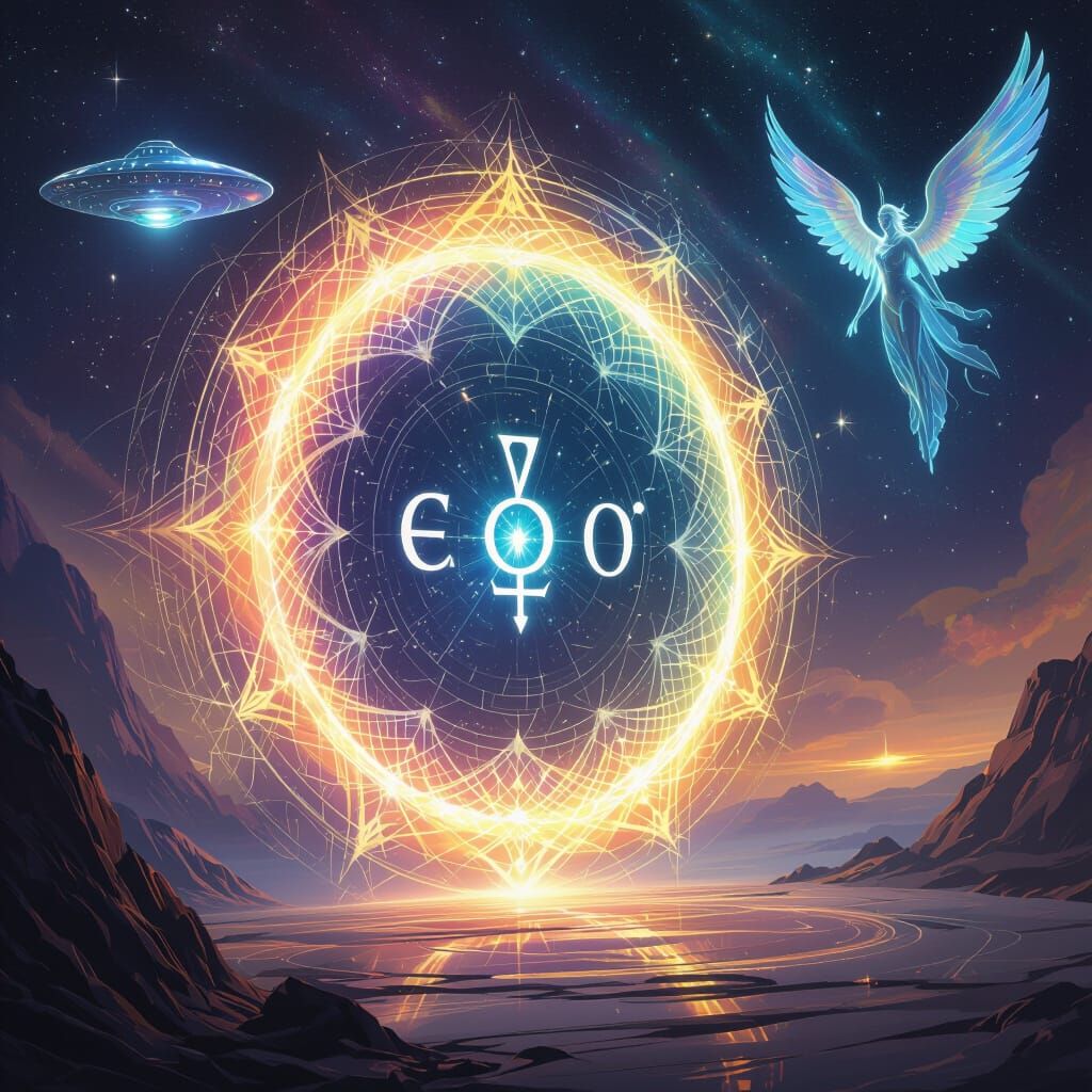 Cosmic Portal with Celestial Beings in Luminous Style