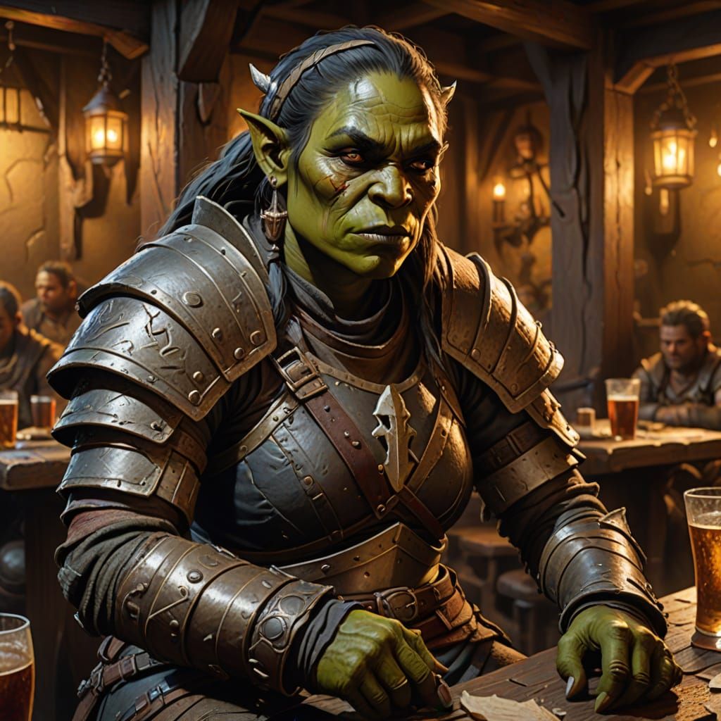 Surreal Fantasy Orc Maiden in Tavern, Golden Light