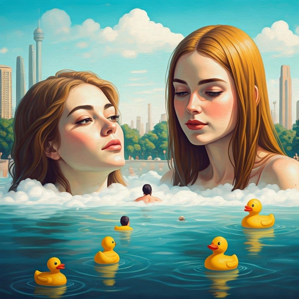 Giantesses in Hot Tub: A Surreal Pop Art Scene