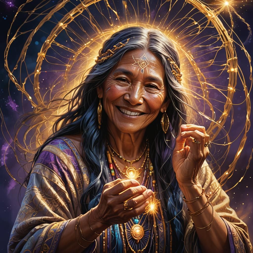 Native American Woman Weaving Golden Light: Fantasy Art