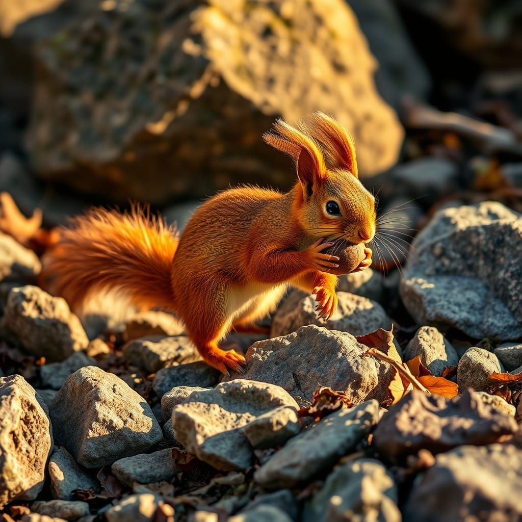 Red Squirrel Runs Among Rugged Rocks with Vibrant Nut