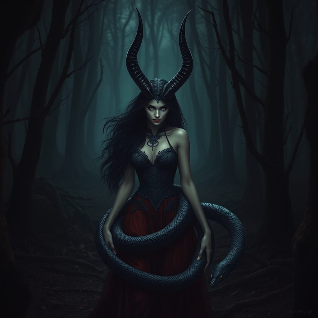 Menacing Demoness in Dark Forest With Snake