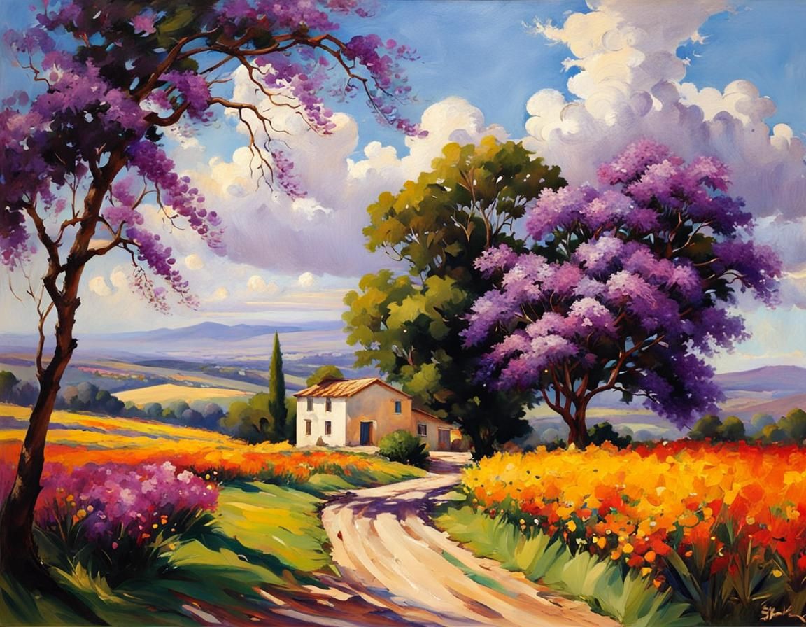 Idyllic Cottage with Jacaranda Trees as Oil Painting
