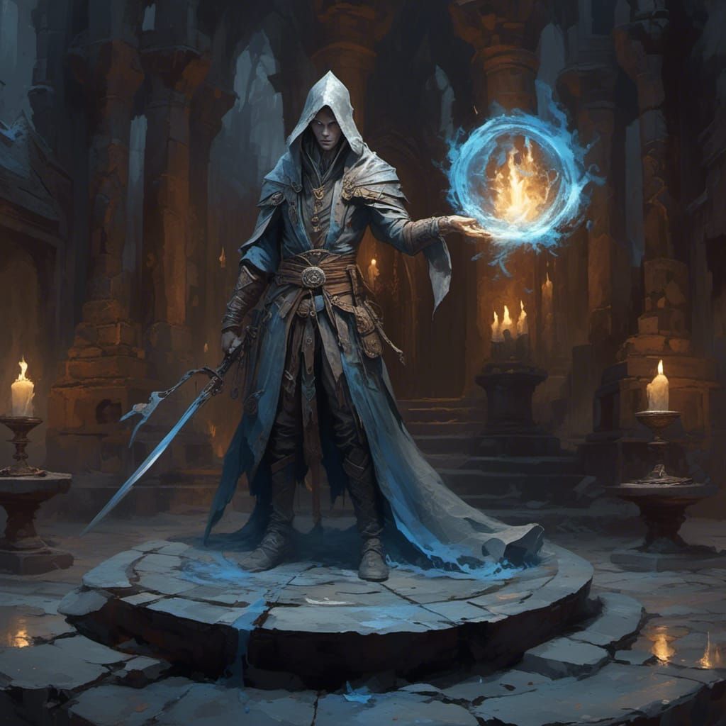 Elf Mage in Ancient Temple with Magic Runes