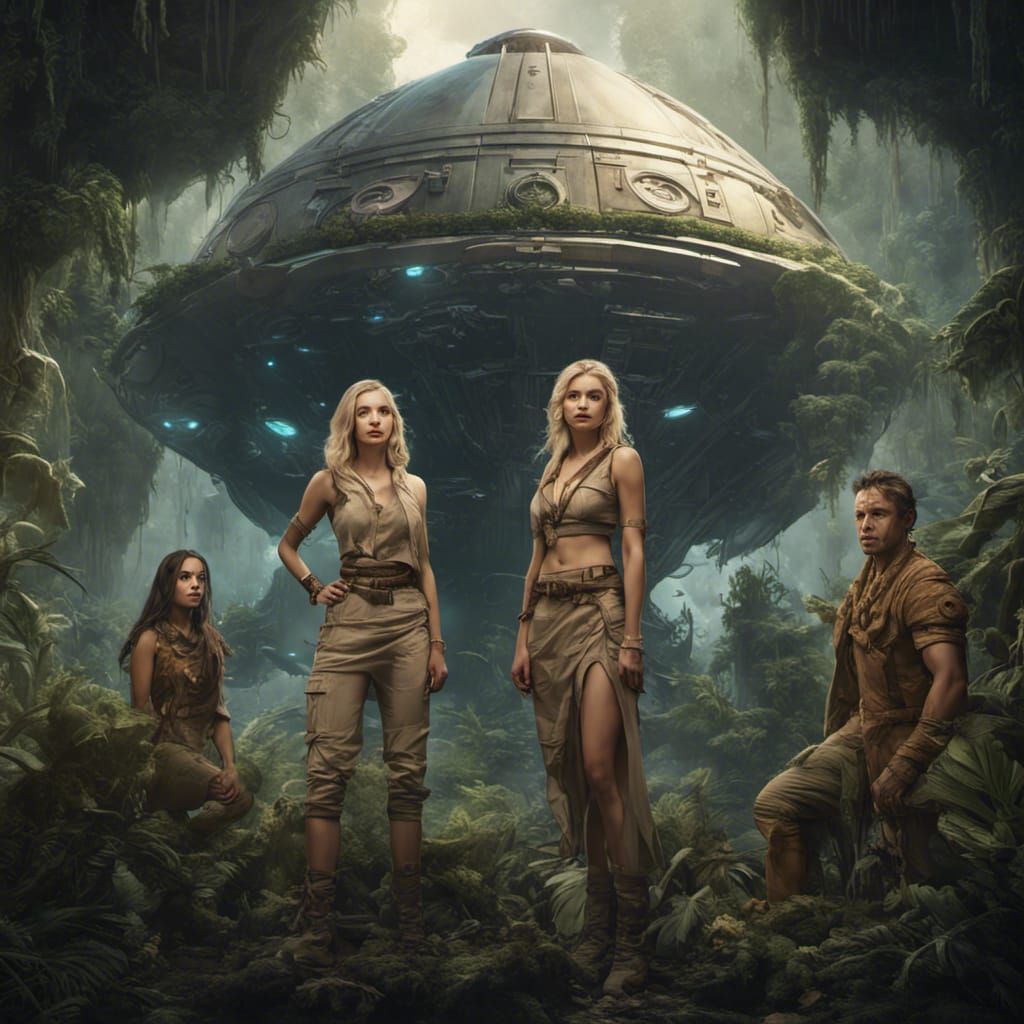 Fantasy Archeologist and Starship, Detailed Matte Painting