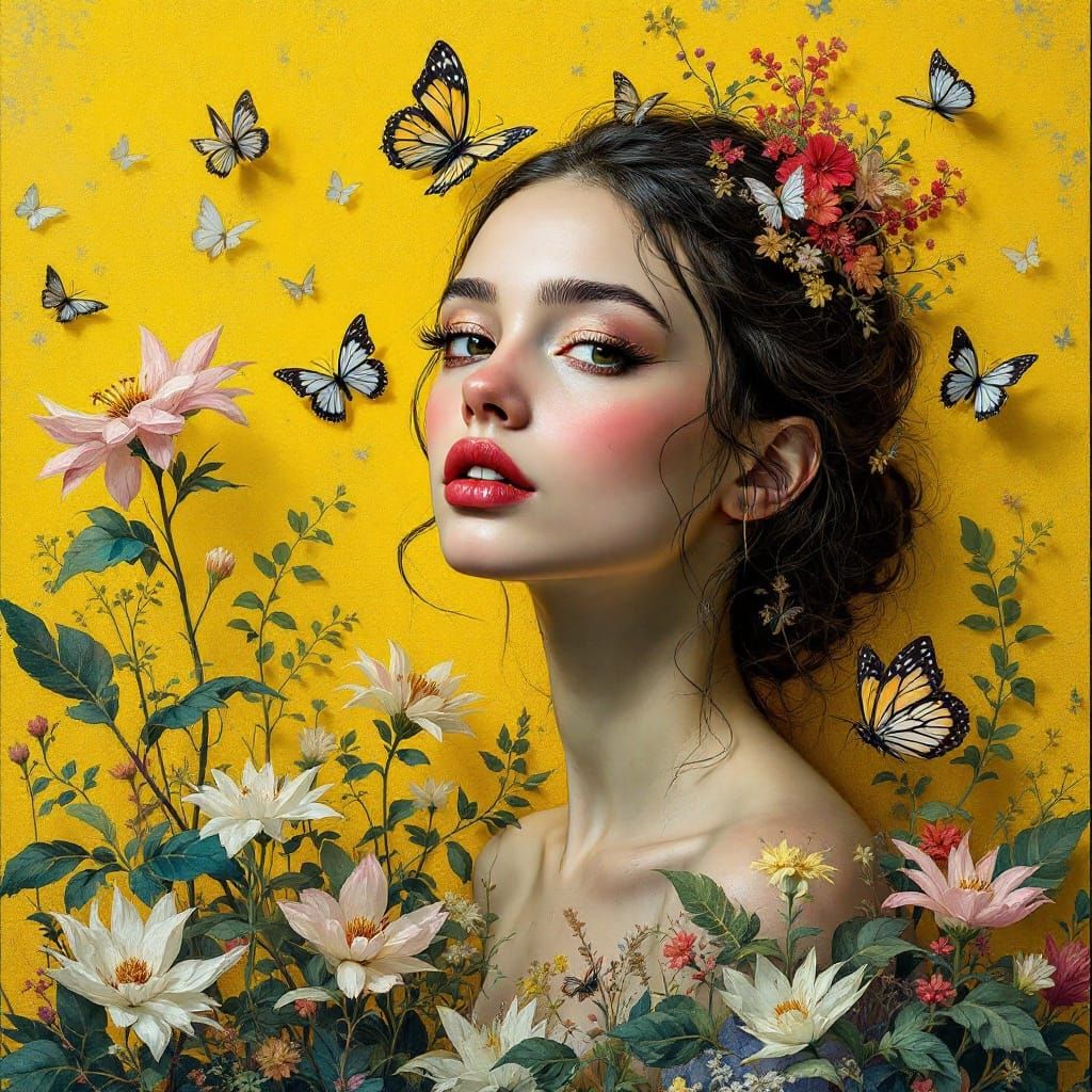 a painting of a woman with a butterfly, graffiti art, inspir...