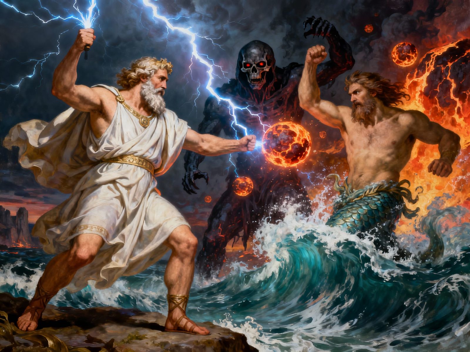 Zeus Battles Hades in a Divine Clash of Lightning and Lava