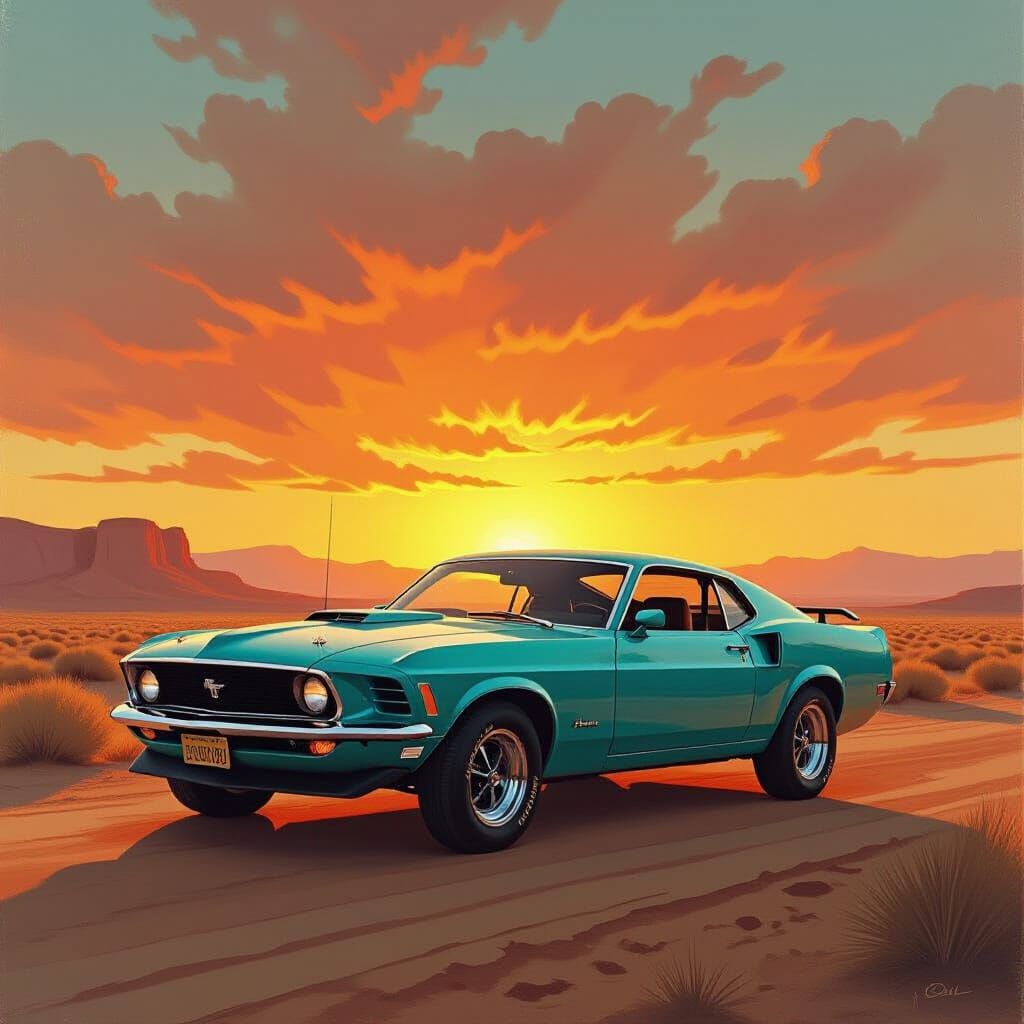 1970s Turquoise Mustang in Desert Sunset Light