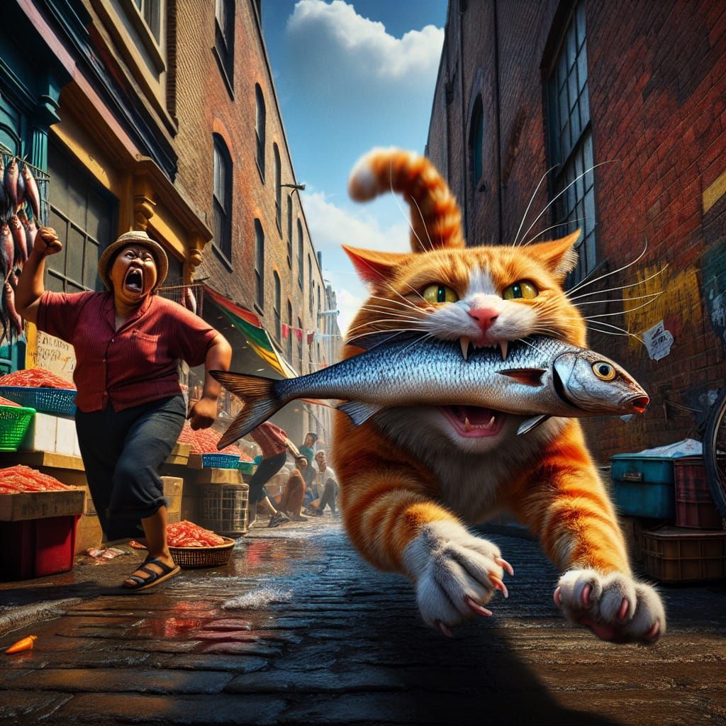 Mischievous Cat Steals Fish, City Street Chase