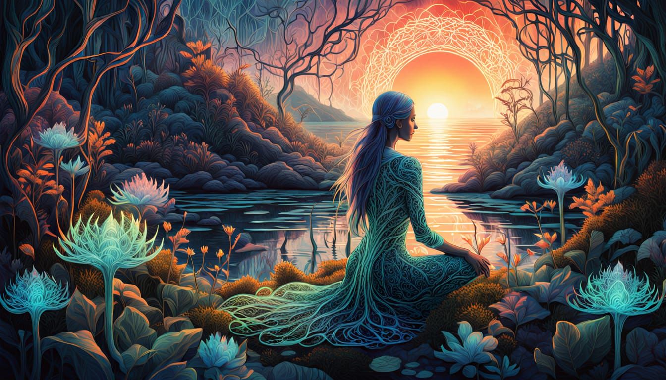 Surreal Sunset with Mystical Creatures in Dreamlike Armor