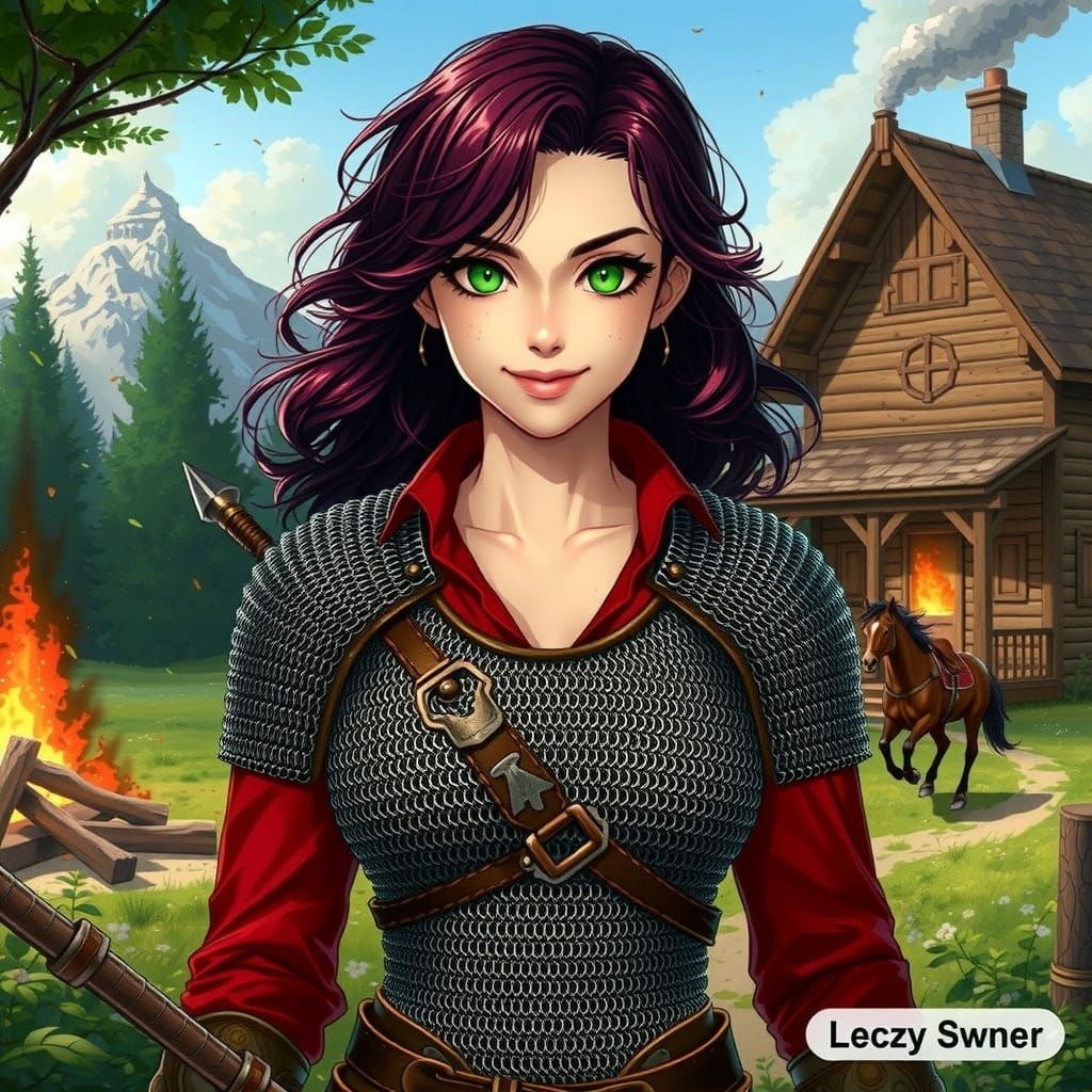 Cyberpunk Warrior Woman with Crimson Hair and Chainmail Armo...