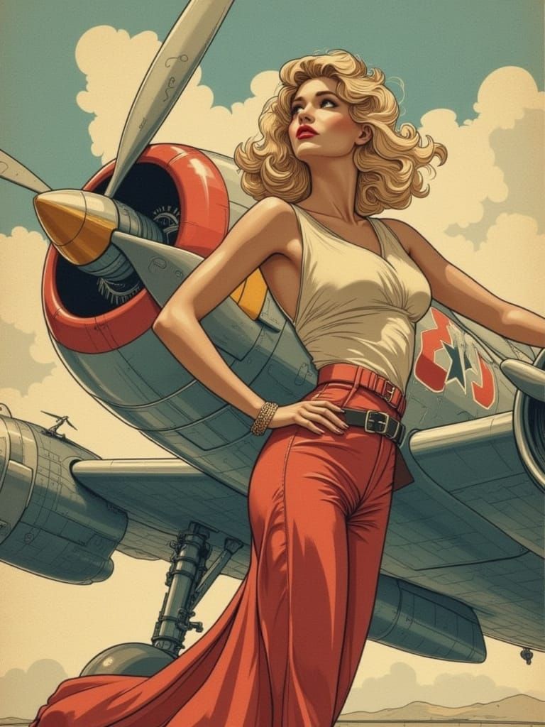 1940s Pin-Up Woman Poses with WWII Fighter Plane