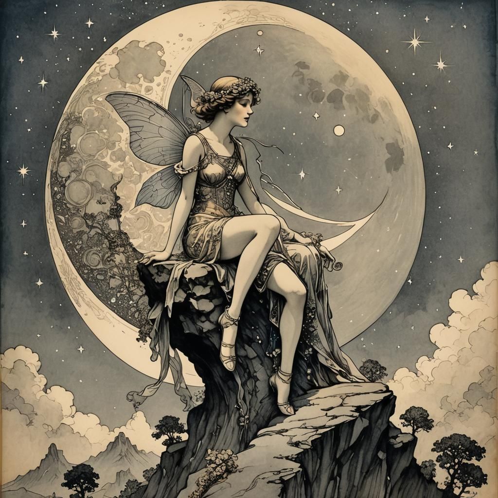 Fairy on Moon Art Deco Ink Drawing
