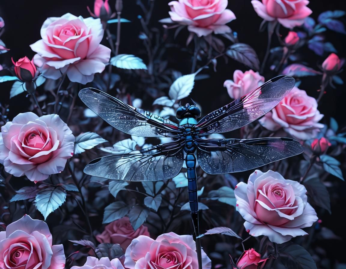 Holographic Dragonfly with Roses in Anime Art Style