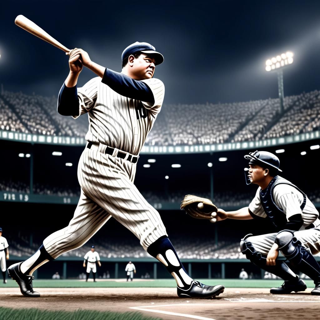Babe Ruth Hits Home Run: Hyperrealistic Digital Painting