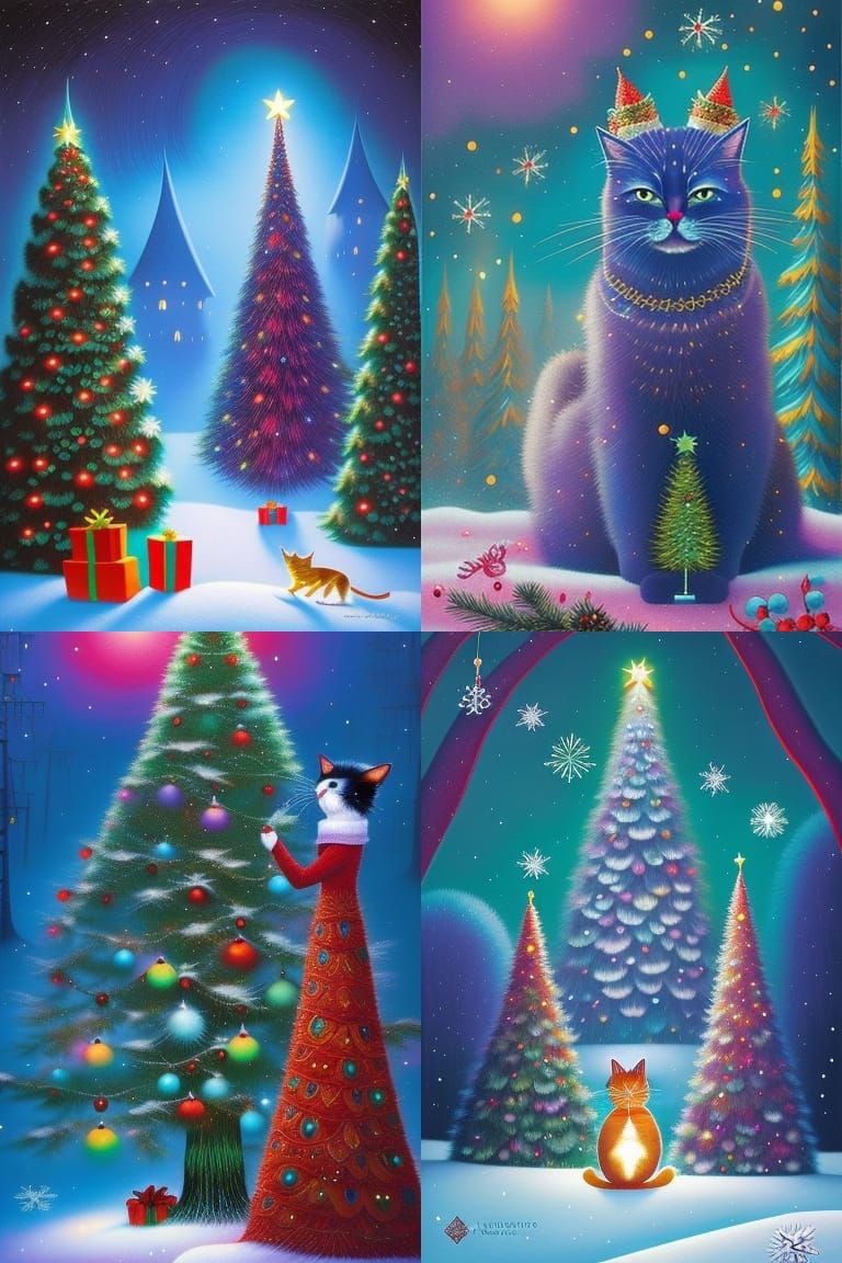 New Year Cat with Christmas Tree in Magic Realism