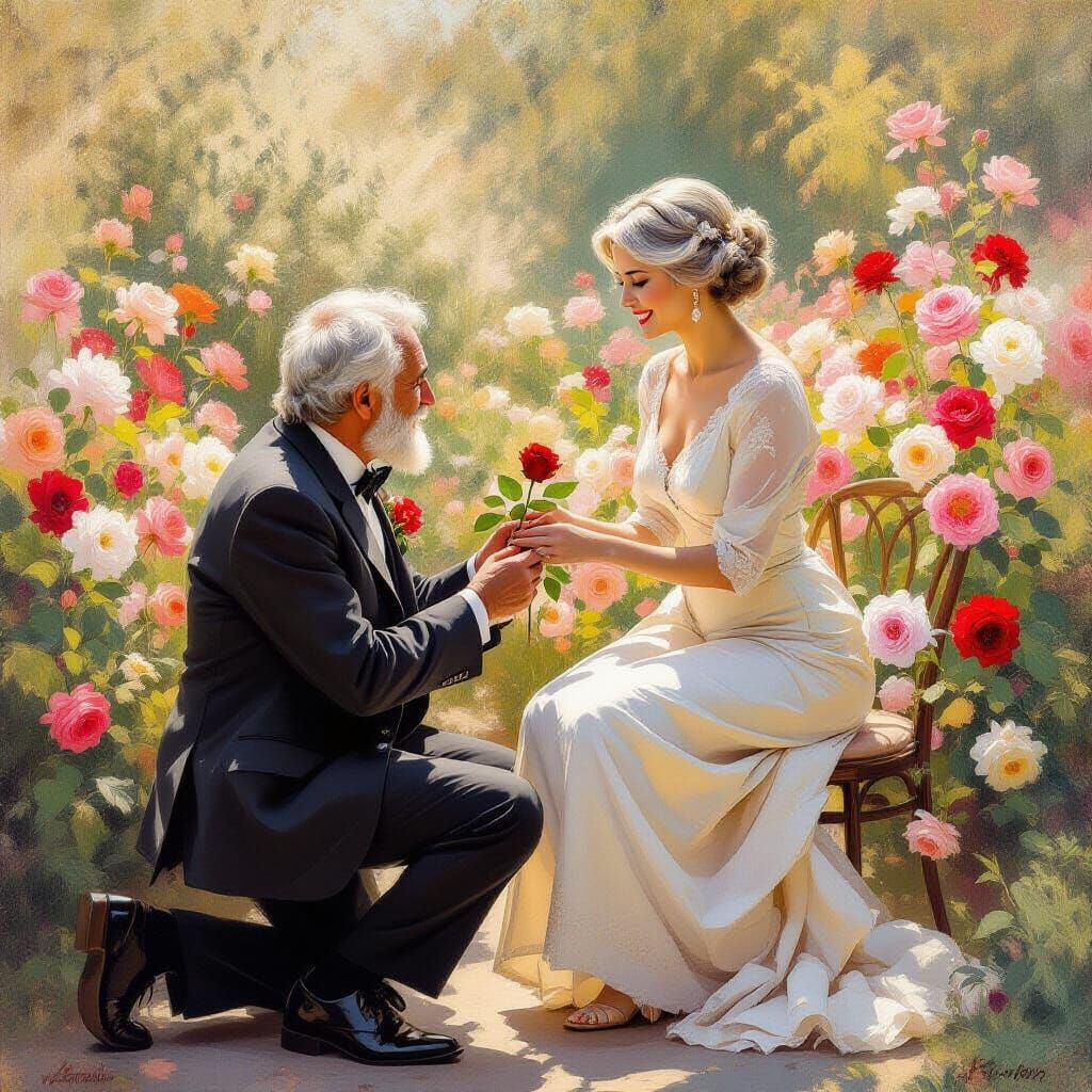 Elderly Gentleman Proposes in an Impressionist Garden