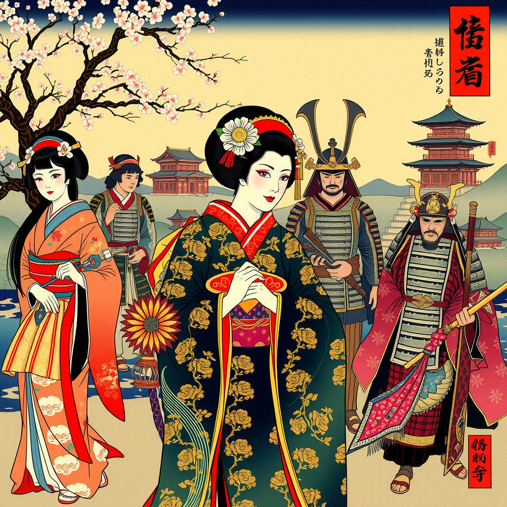 Exquisite Japanese Geisha and Samurai in Traditional Ukiyo-e...