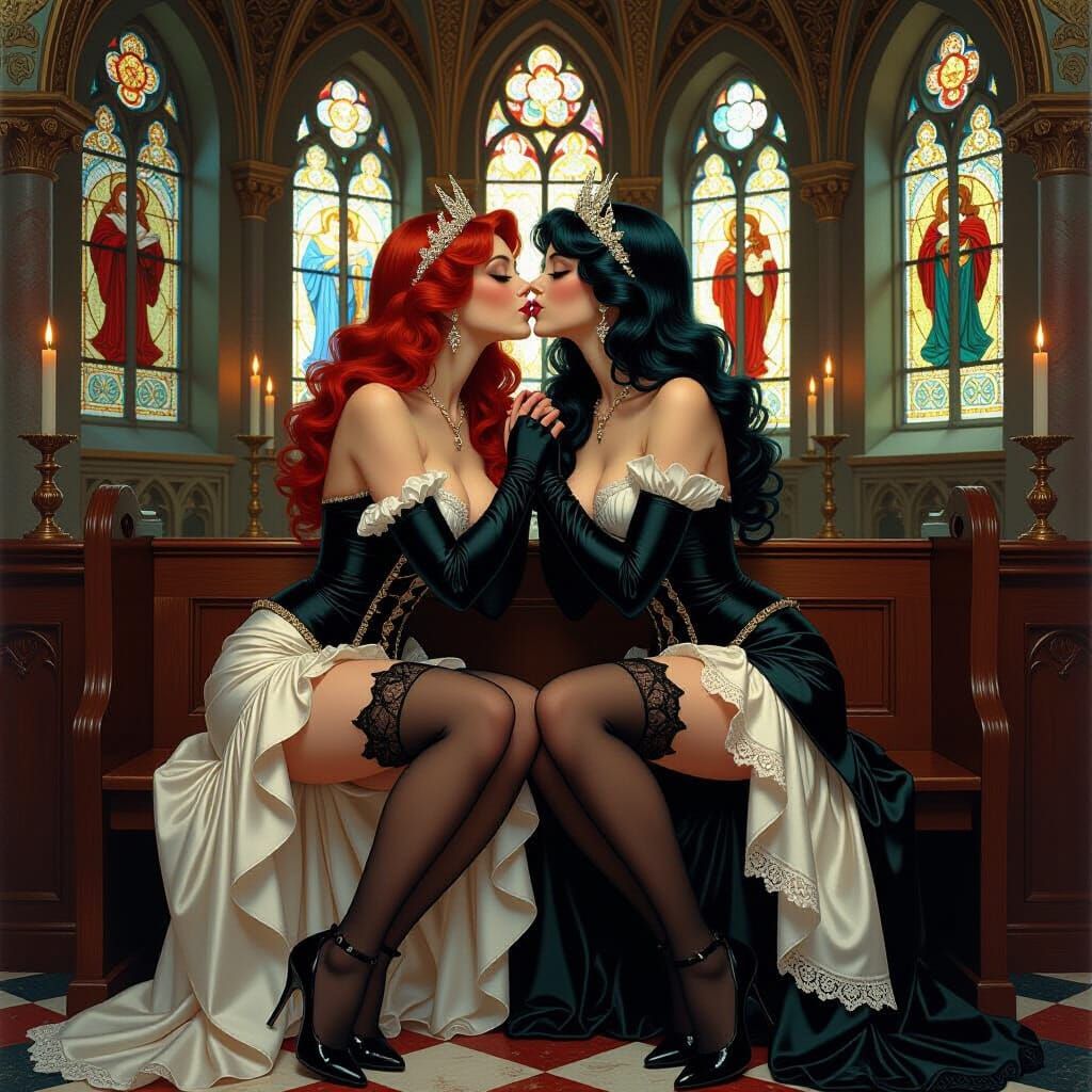Demon Ladies Kissing in Church, Art Nouveau Style