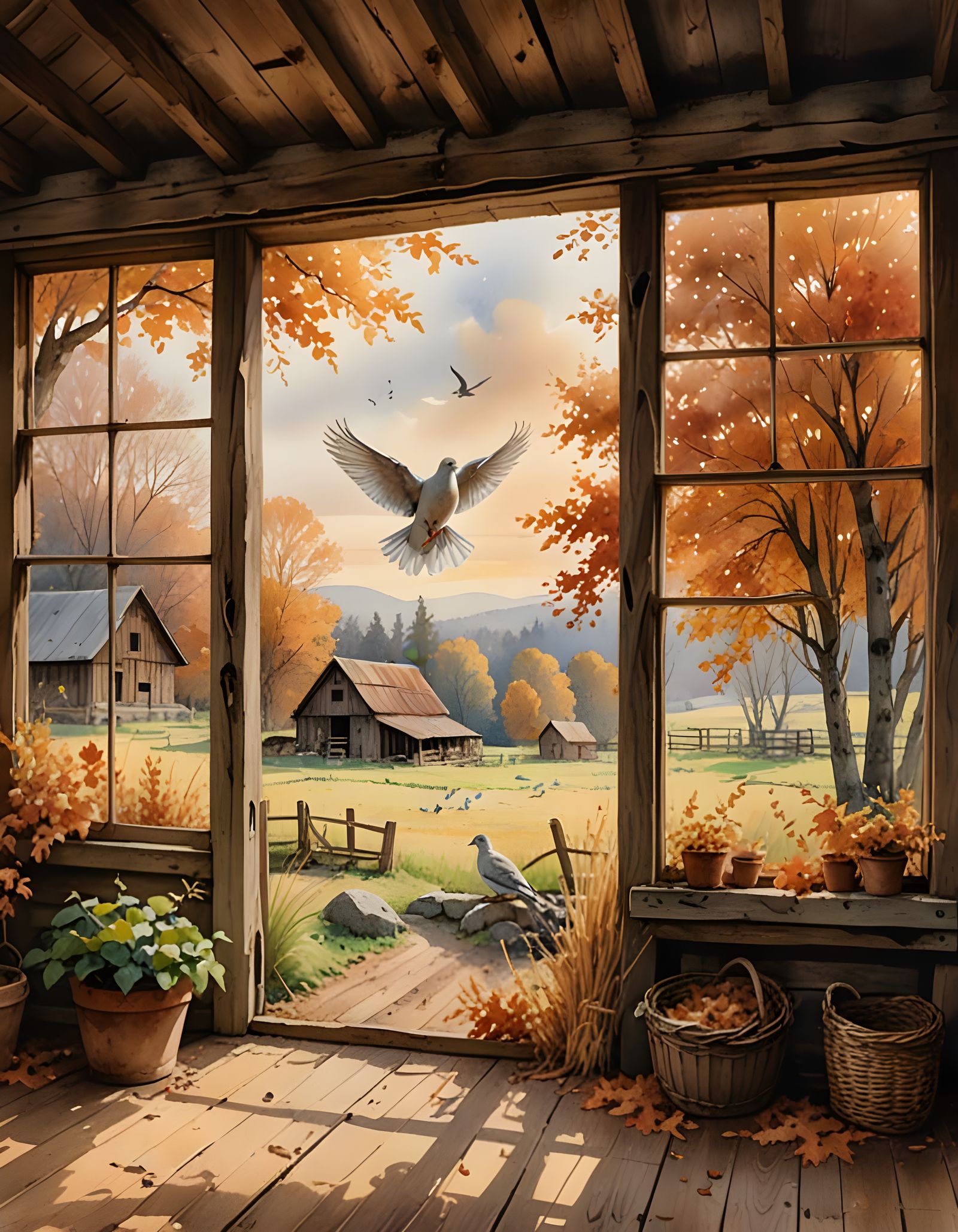 Watercolor Barn Loft Dove at Autumn Window