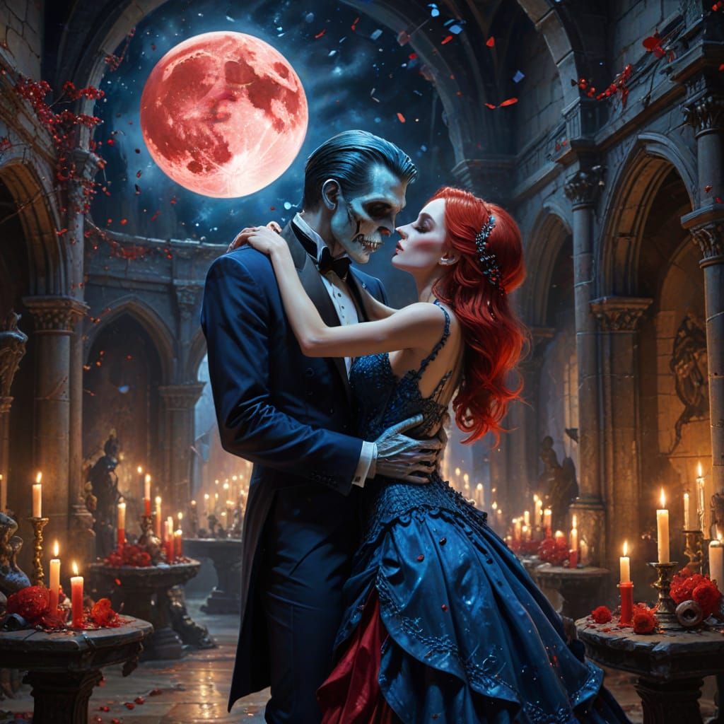 Skeletal Ghouls Kissing At Midnight In Dark Fantasy Ballroom