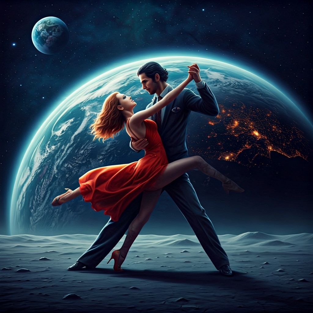Man and Woman Tango Dancing on the Moon's Surface